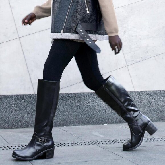 Women's Black Knee High Chunky Heel Boots with Side Zipper and Elastic Panels - - Picture 4 of 5